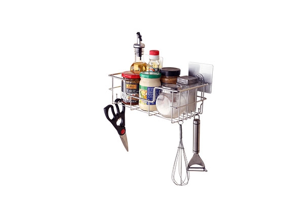 A small cupboard pull basket makes the kitchen utensils orderly and clean